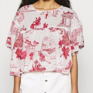 FARM Rio Red Nossa Lingua Cotton Blouse | Size Medium